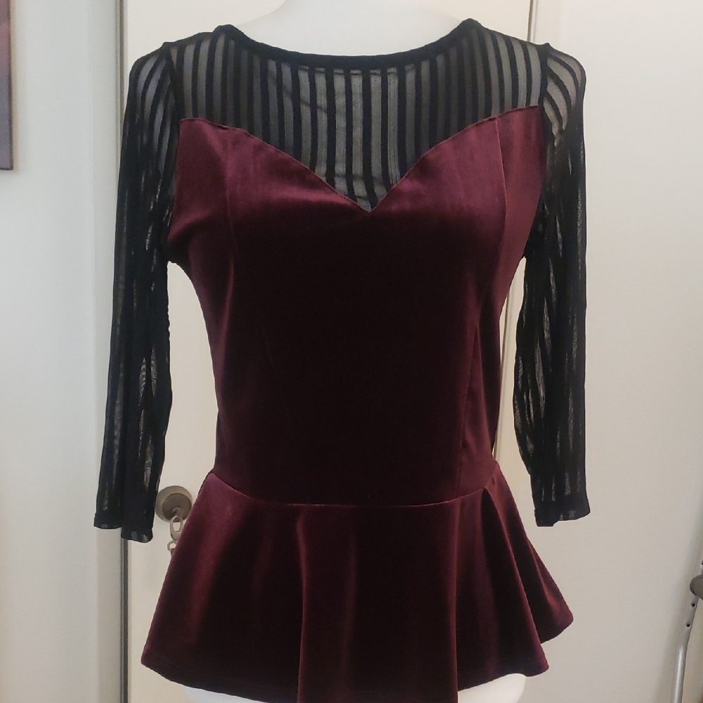Chic Velvet Peplum Blouse with Sheer Sleeves